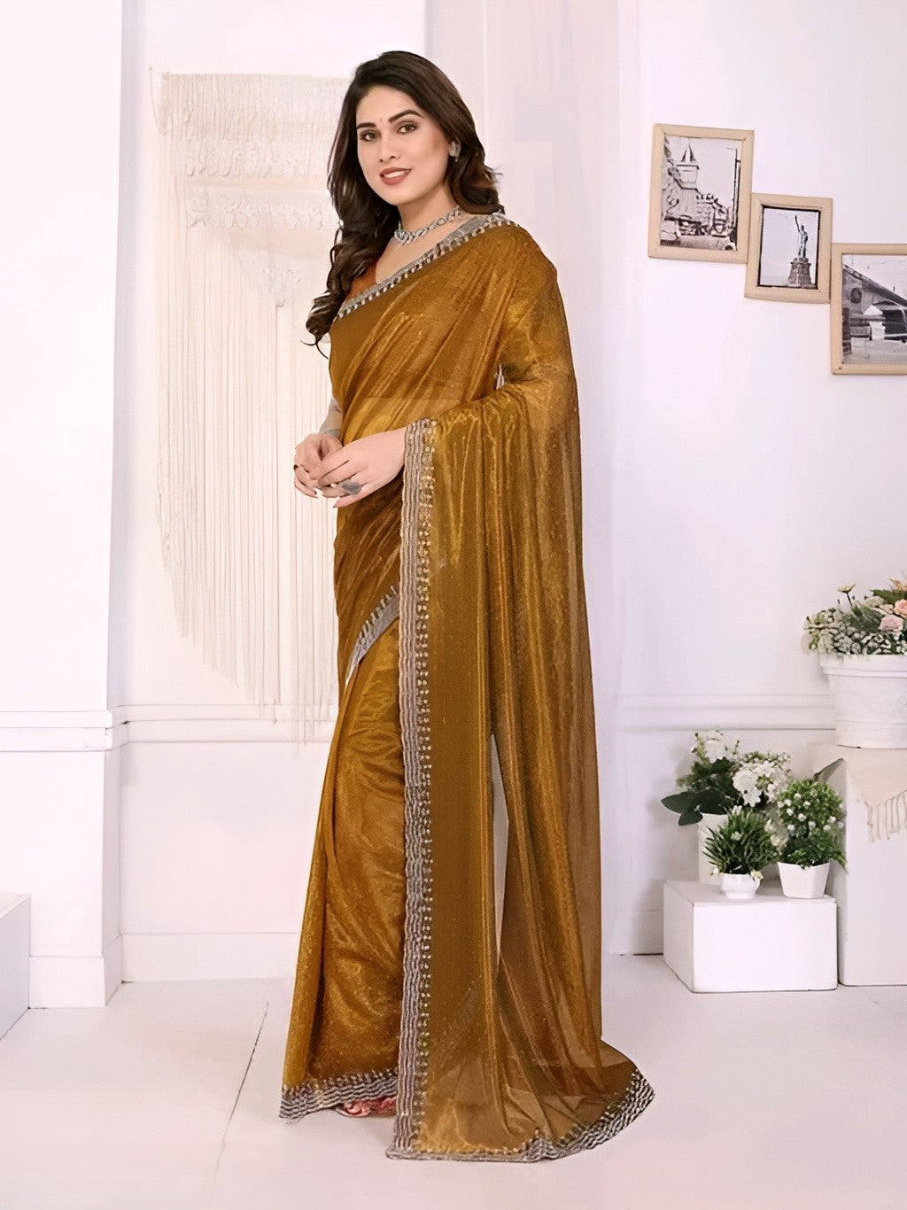 Mustard Golden Saree with Silver Embroidery Border