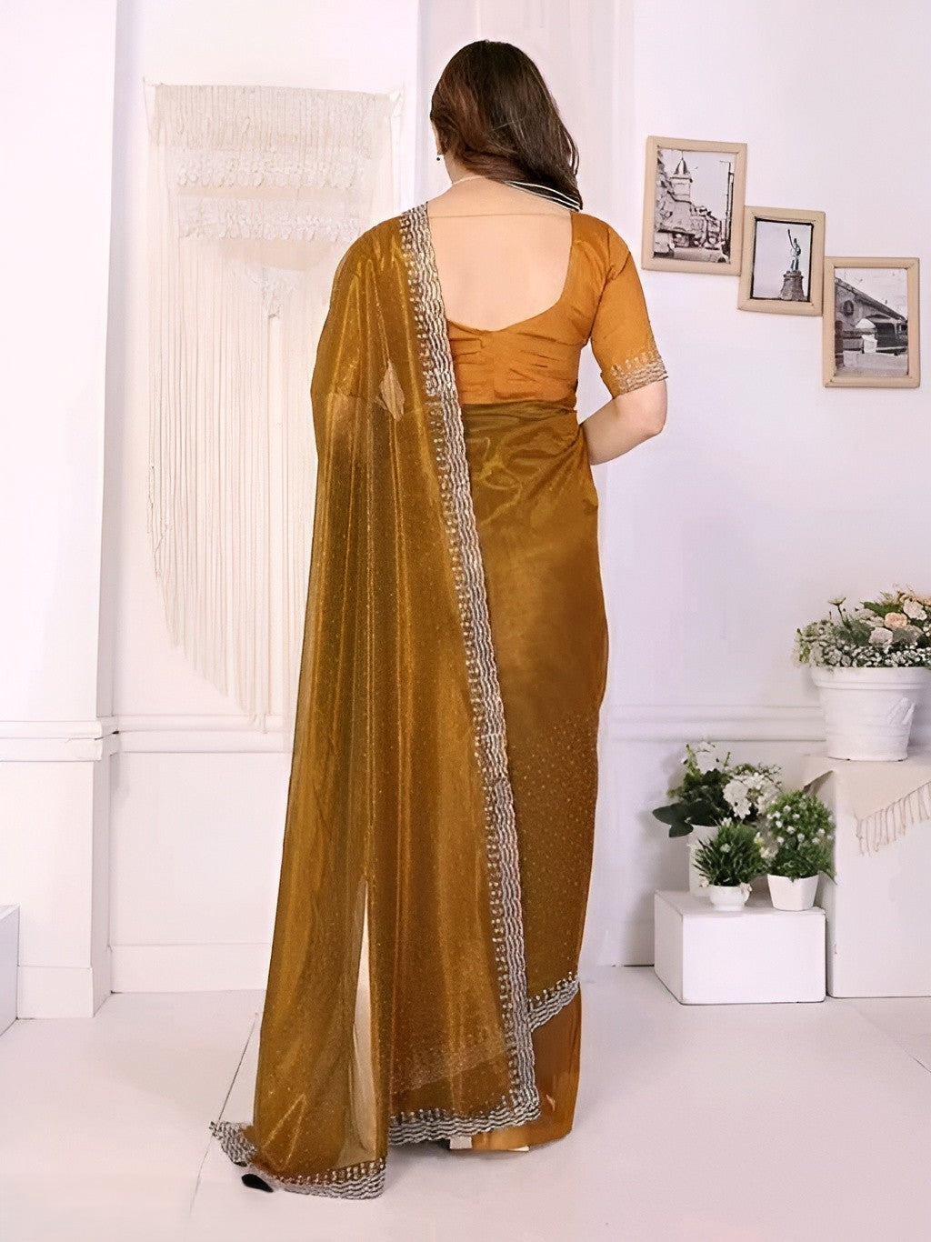 Mustard Golden Saree with Silver Embroidery Border
