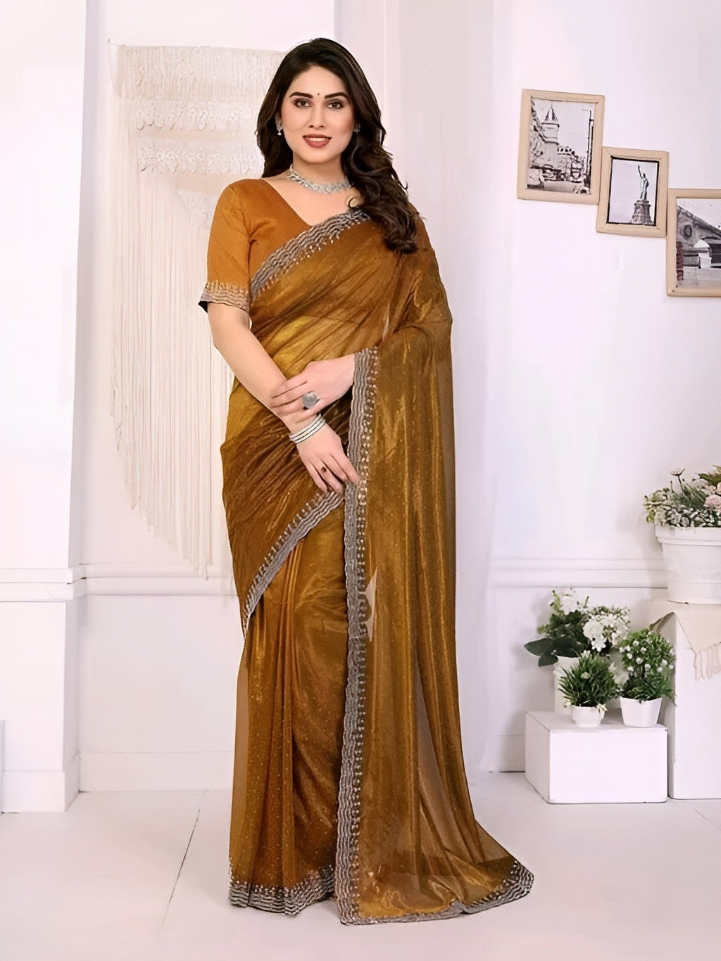 Mustard Golden Saree with Silver Embroidery Border