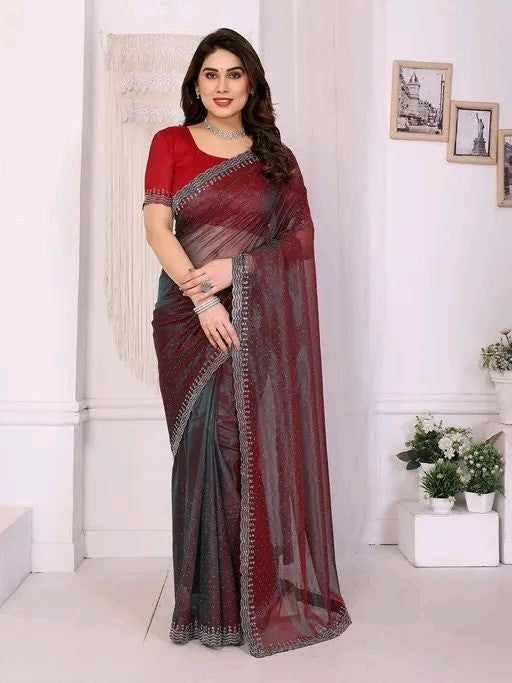 Maroon Saree with Silver Embroidery Border