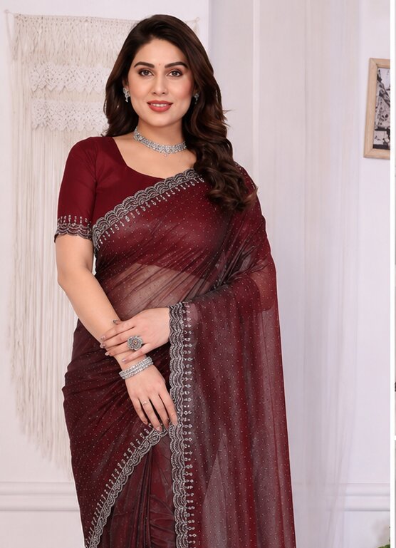 Maroon Saree with Silver Embroidery Border