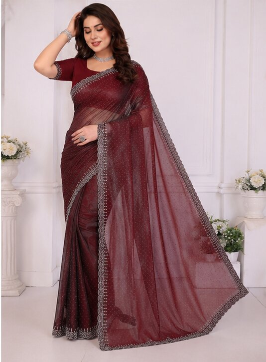 Maroon Saree with Silver Embroidery Border