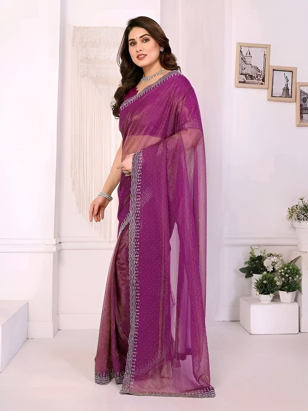 Purple Saree with Silver Embroidery Border