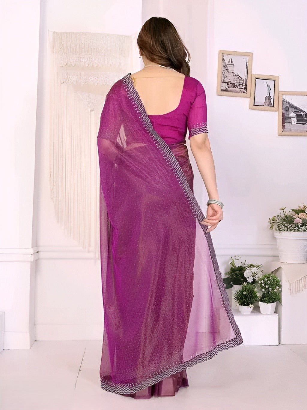 Purple Saree with Silver Embroidery Border