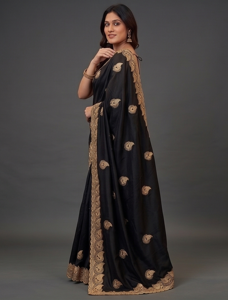 Zegoom Black Satin Silk Saree with Gold Paisley Embroidery