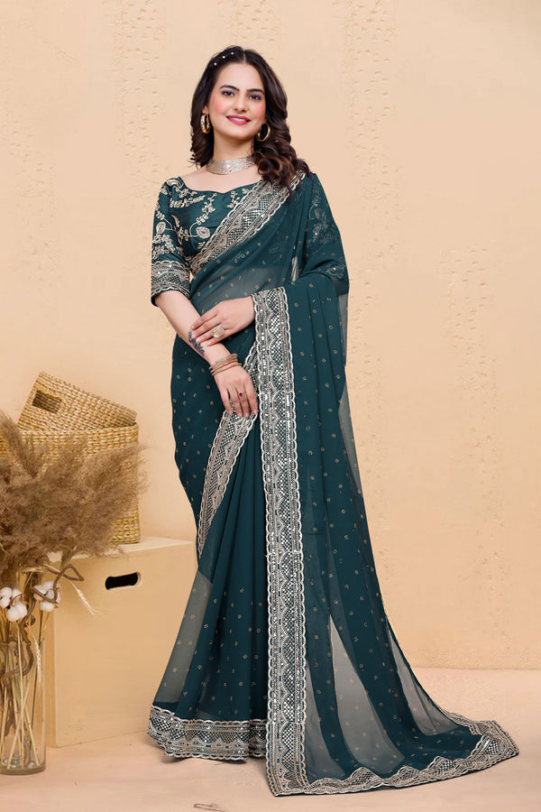 Teal Blue Soft Georgette Sequence Butti & Heavy Lace Border Saree