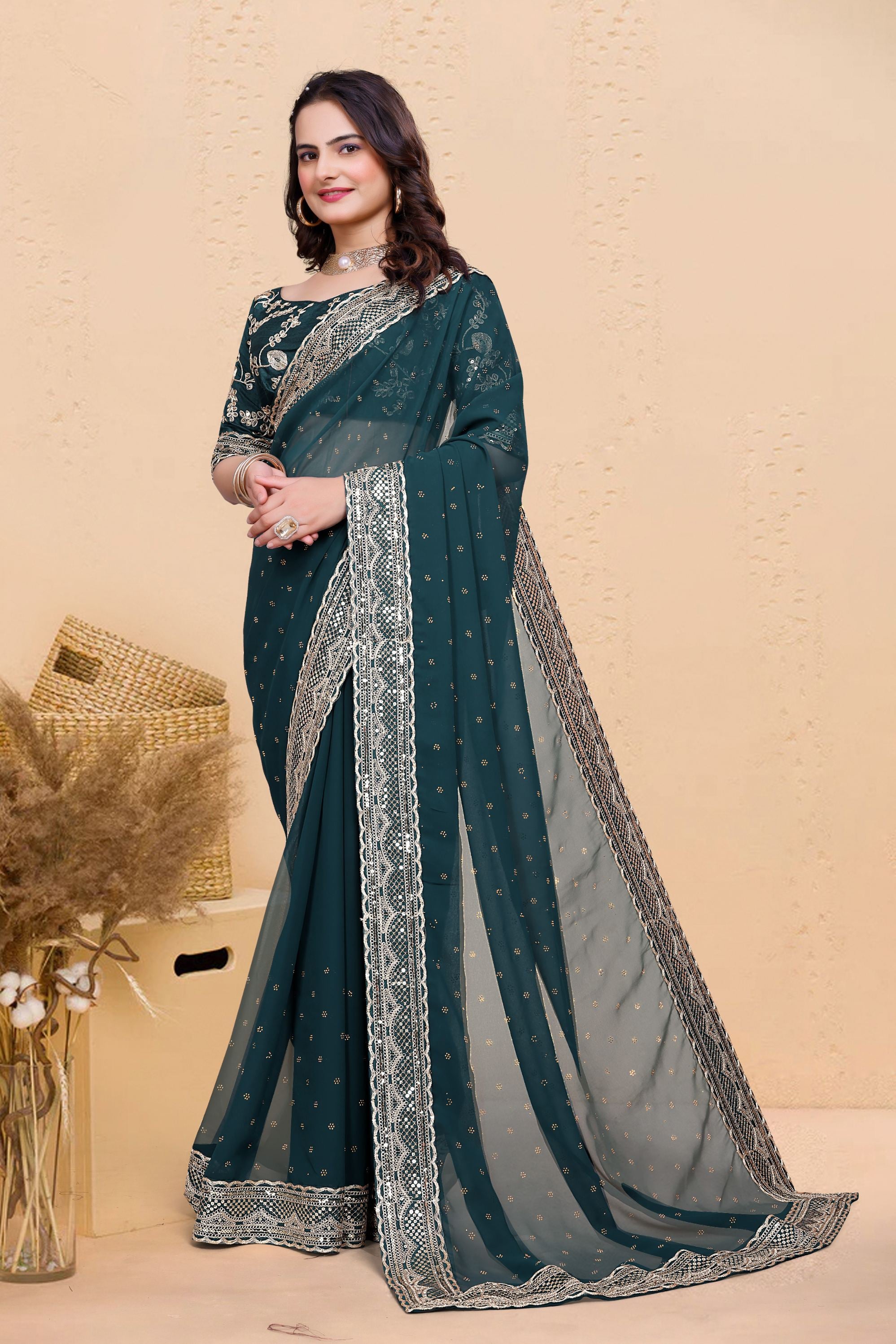 Teal Blue Soft Georgette Sequence Butti & Heavy Lace Border Saree