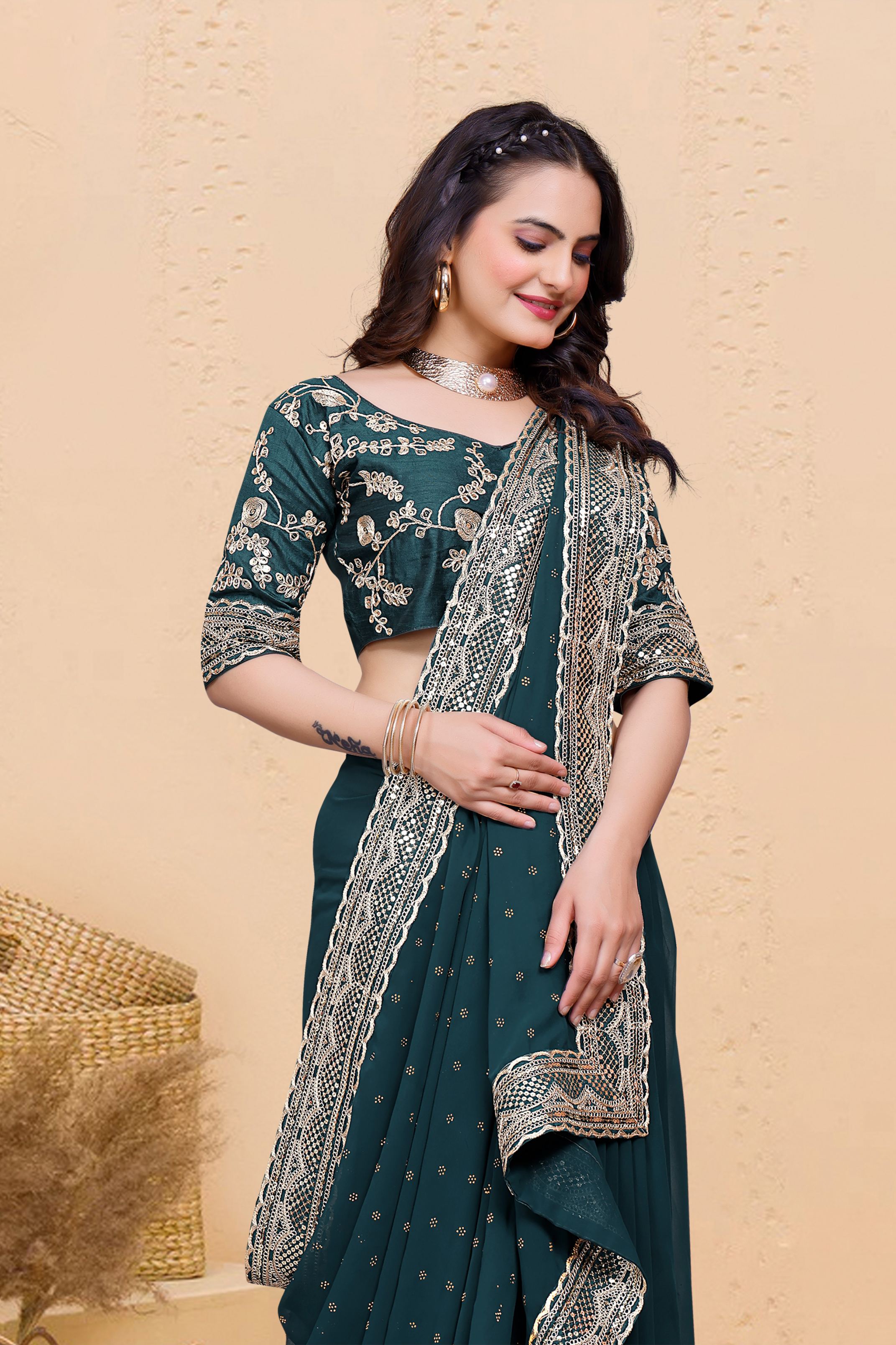Teal Blue Soft Georgette Sequence Butti & Heavy Lace Border Saree