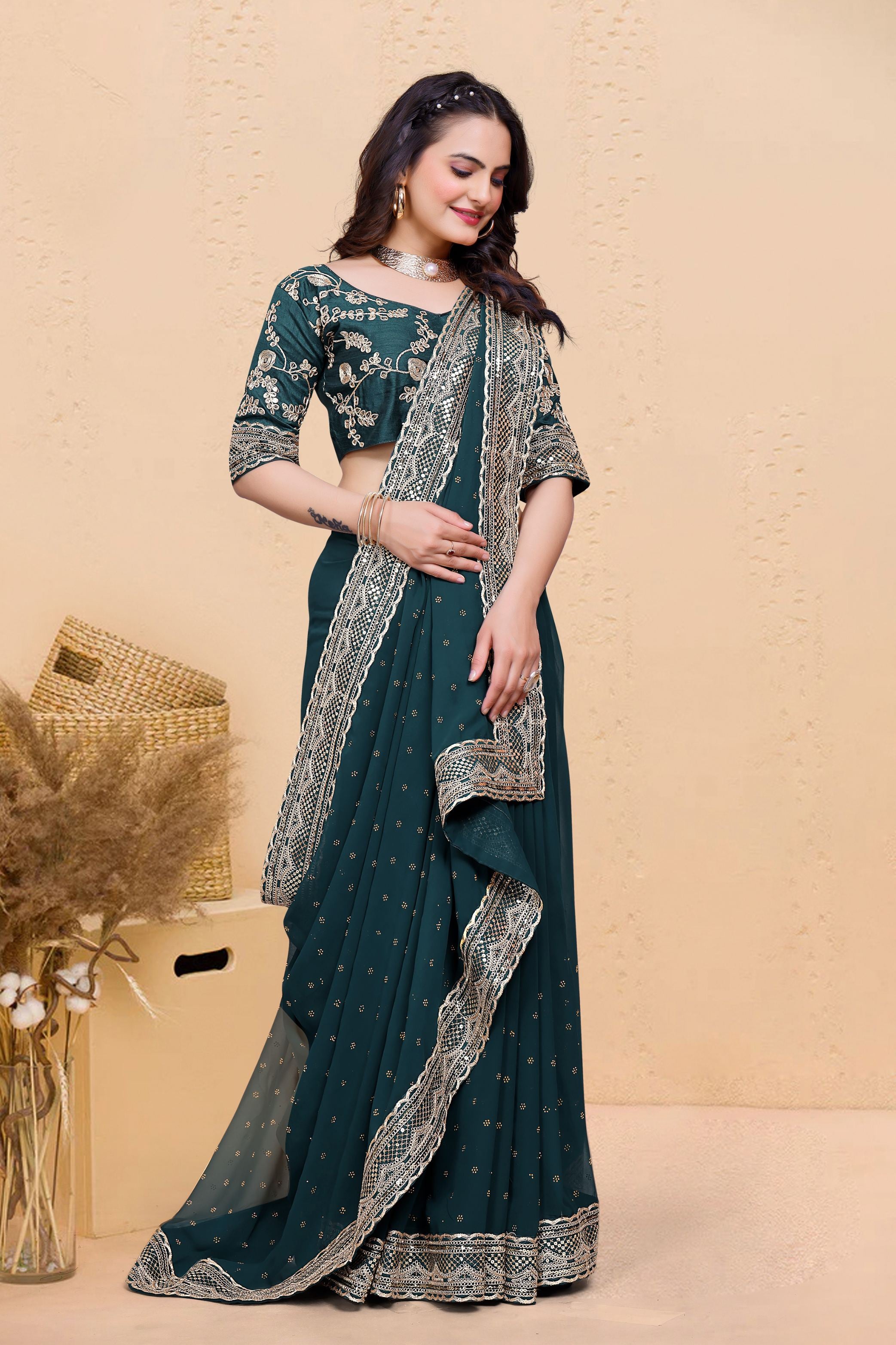 Teal Blue Soft Georgette Sequence Butti & Heavy Lace Border Saree