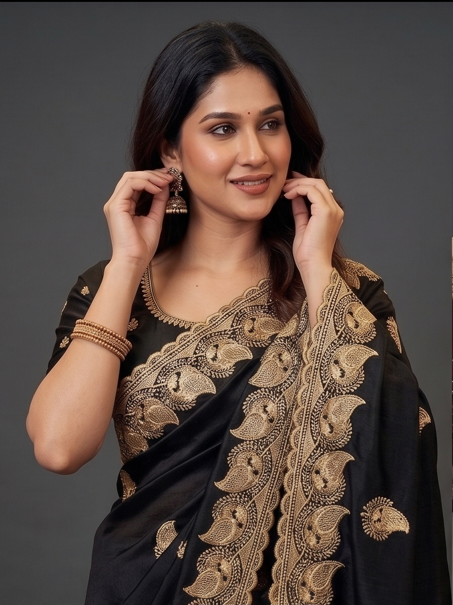 Zegoom Black Satin Silk Saree with Gold Paisley Embroidery