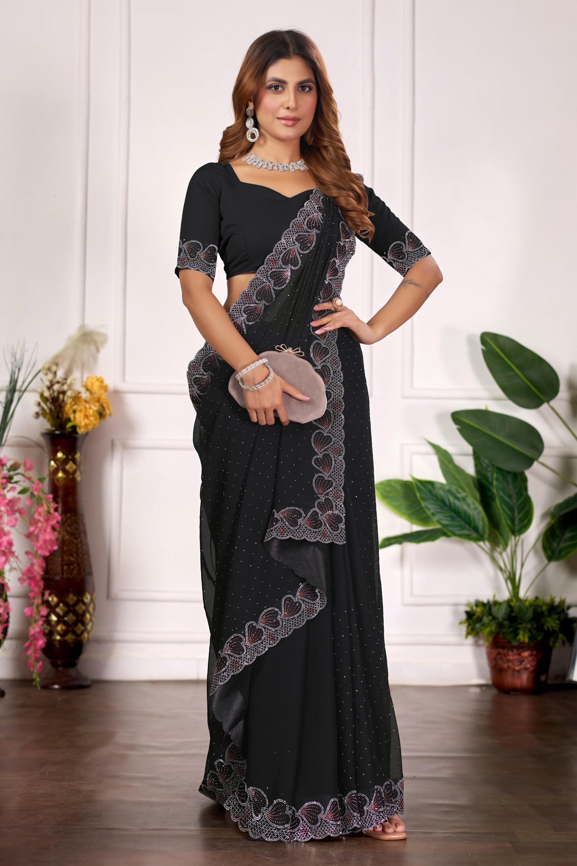 Designer Diamond Work Saree with Embroidered Border & Matching Blouse